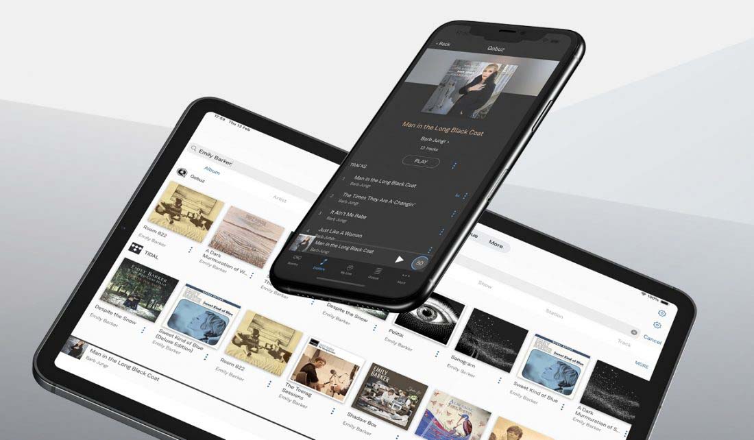 A smartphone displays a music app screen with a playlist, resting on a tablet showing an album library. Both devices exhibit modern, sleek design.