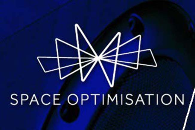 Dark blue background with a geometric white line logo resembling a star. Below, the text reads "Space Optimisation." Modern and sleek design.