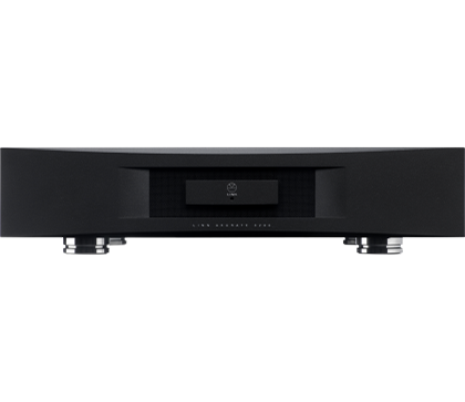 Sleek black audio equipment with a minimalist design, featuring a central rectangular display and metallic feet, set against a solid black background.