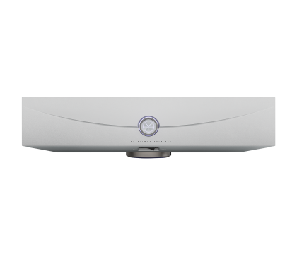 A sleek white audio amplifier with a circular dial centered on the front, featuring a minimalist design and subtle branding, set against a black background.