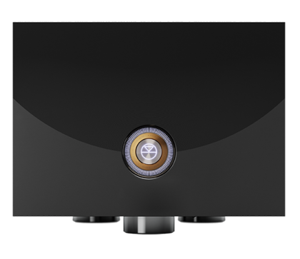 Sleek black device with a central illuminated circular display featuring a geometric symbol, set against a dark background, exuding a modern, futuristic vibe.