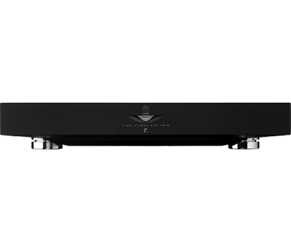Sleek black electronic device with a minimalist design, featuring discreet branding and a small circular control button on the front.