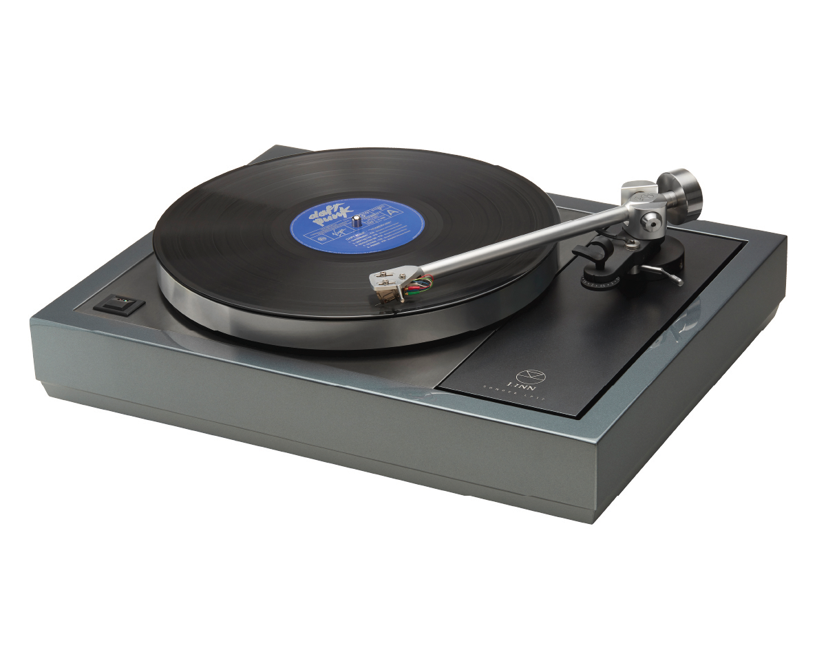 A sleek, modern turntable with a spinning black vinyl record. The tonearm rests on the record, and a blue label displays track information.