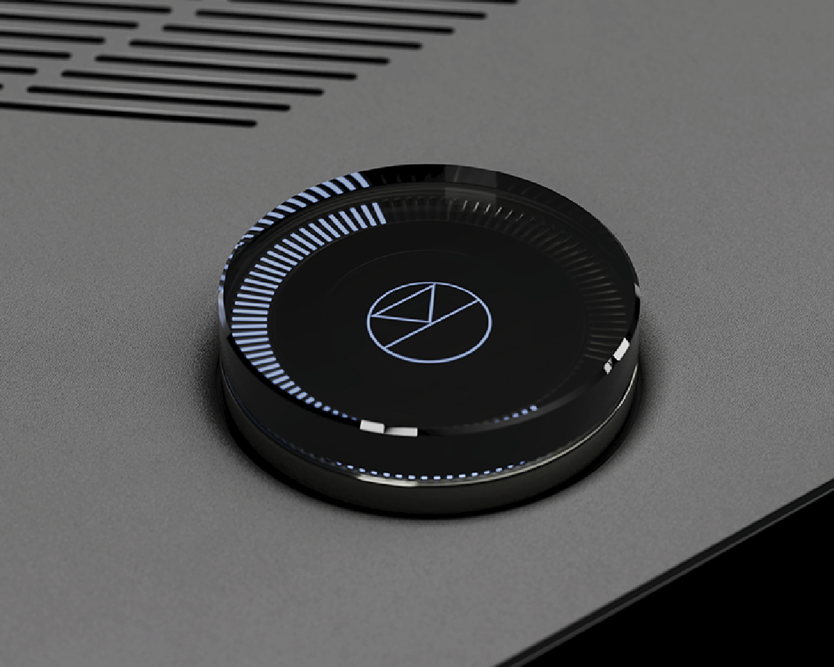 A sleek, circular black control dial with a minimalist geometric logo and illuminated blue indicators, set against a modern, gray textured surface.