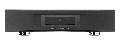 Black audio amplifier with sleek design, resting on small feet. Features minimalist branding on the front panel. Set against a black background.