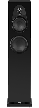 Tall black floor-standing speaker with two circular drivers, featuring a sleek, modern design; the brand logo is visible at the top.
