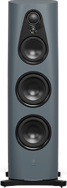 Tall, sleek grey hi-fi speaker with three large black circular drivers and a small tweeter at the top. Modern, minimalist design conveys elegance.
