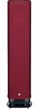 Sleek red tower speaker stands against a black background, featuring a modern design with minimalistic accents and a subtle, sophisticated appearance.