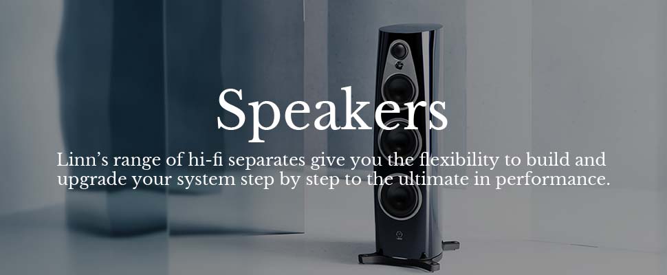 A sleek, modern speaker stands on a reflective surface, with the word "Speakers" overlaying the image. Text describes the high-performance flexibility of Linn's hi-fi range.