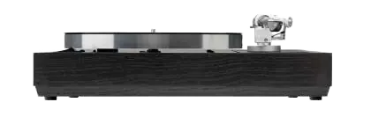 Sleek turntable with a wooden base and metallic tonearm, set against a black background. The design is modern and elegant, evoking a retro feel.