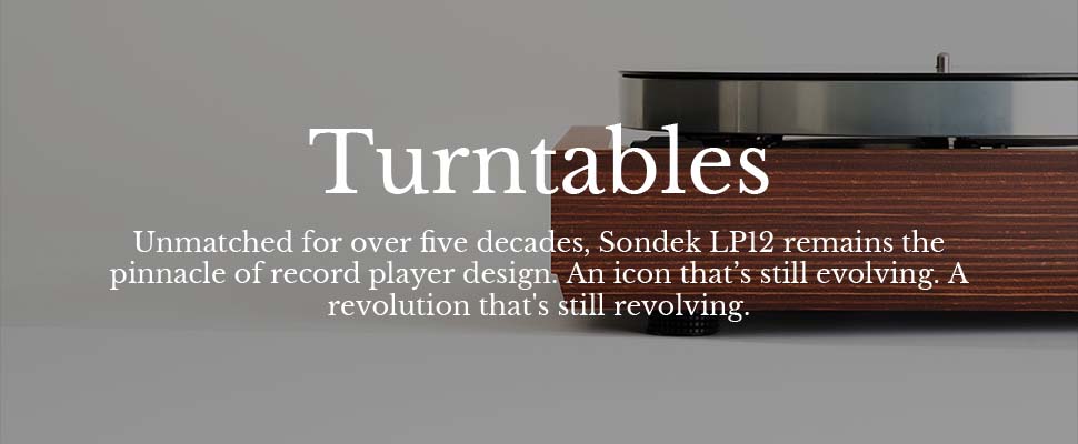 Turntable close-up with wood finish on a gray background. Text celebrates the iconic Sondek LP12, highlighting its design legacy and evolution over decades.
