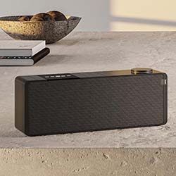 A black speaker on a concrete table with a fruit bowl in the background.