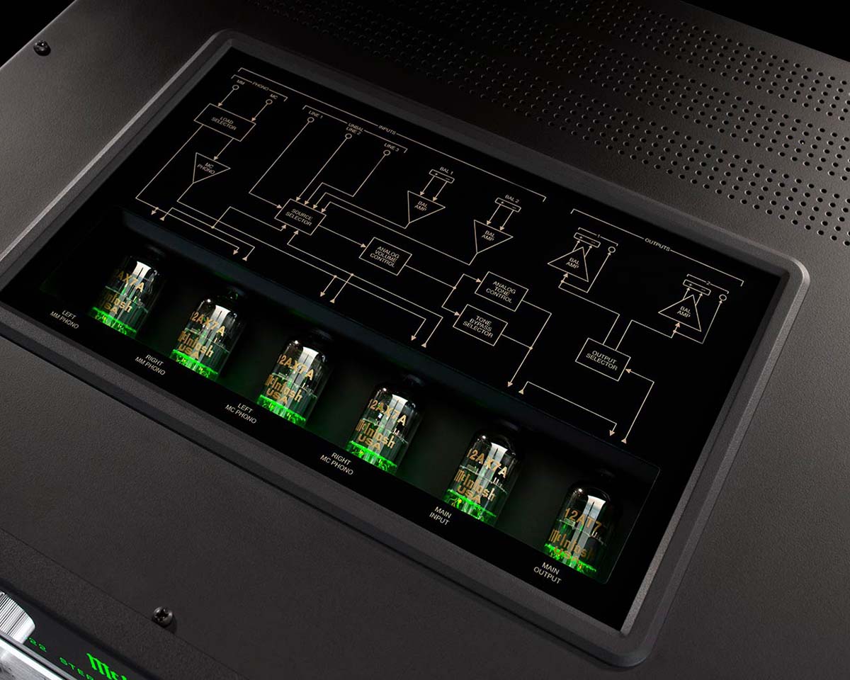 Close-up of an amplifier with six vacuum tubes glowing green beneath a diagram of its circuitry. Futuristic and precise technical design.