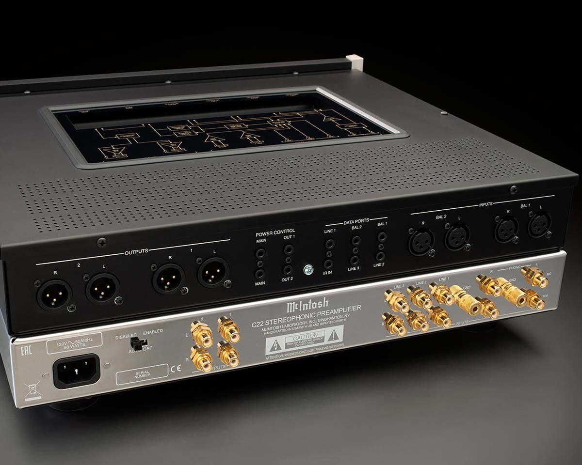 Back view of a McIntosh C22 Stereophonic Preamplifier featuring XLR and RCA inputs and outputs. The sleek design conveys high-end audio quality.