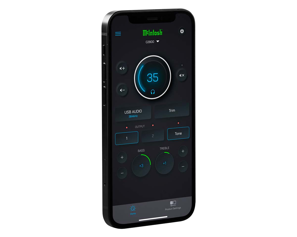 Smartphone displaying an audio control app with a central digital volume dial set to 35. Surrounding buttons adjust volume, output, and tone settings. Sleek and modern design.