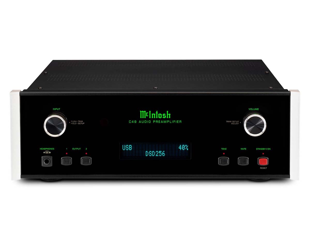 High-end audio preamplifier with a black and silver design. Features an LCD screen displaying "USB" and "DSD256," flanked by control knobs and buttons.