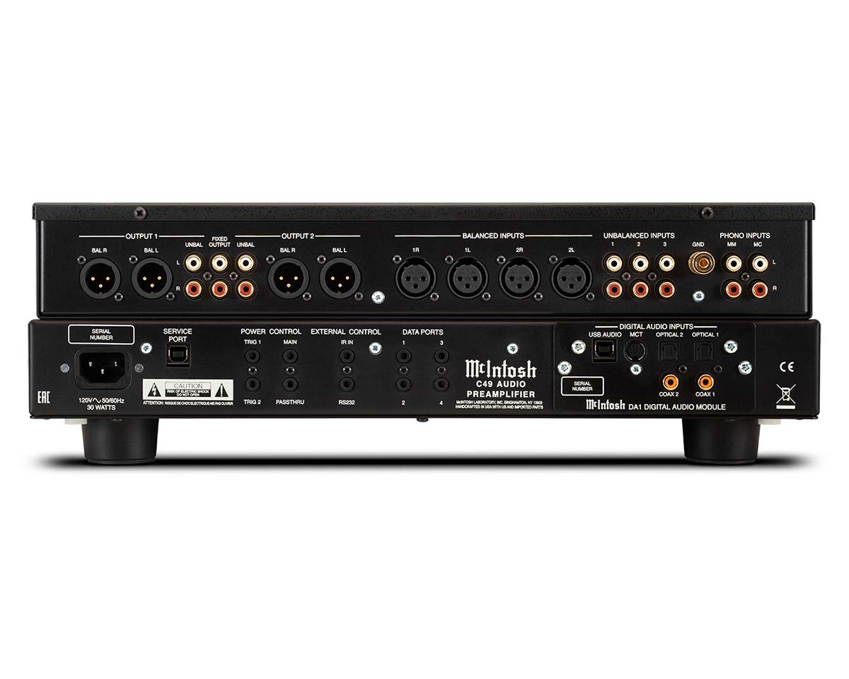 Rear view of a McIntosh C49 audio preamplifier. Features multiple input and output ports, including balanced, unbalanced, and phono inputs, conveying high functionality.