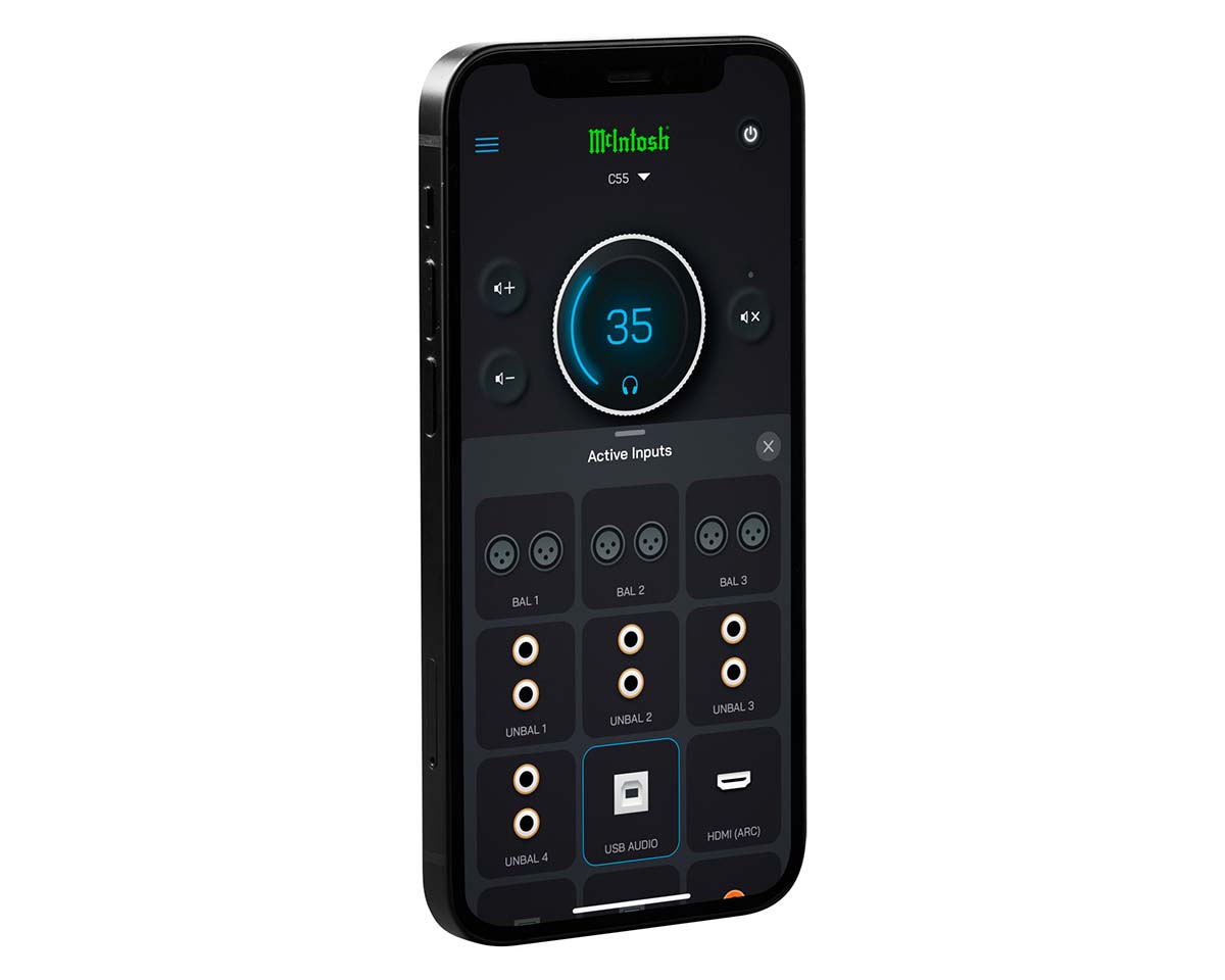 A smartphone displaying an audio control app interface, featuring volume set at 35, active input options, and a sleek, modern design.