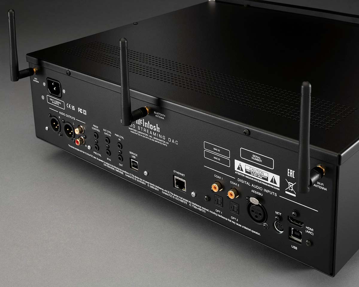 The back panel of a black audio streaming DAC with multiple input and output ports, two antennae, and labeled connections for audio, Ethernet, and HDMI.