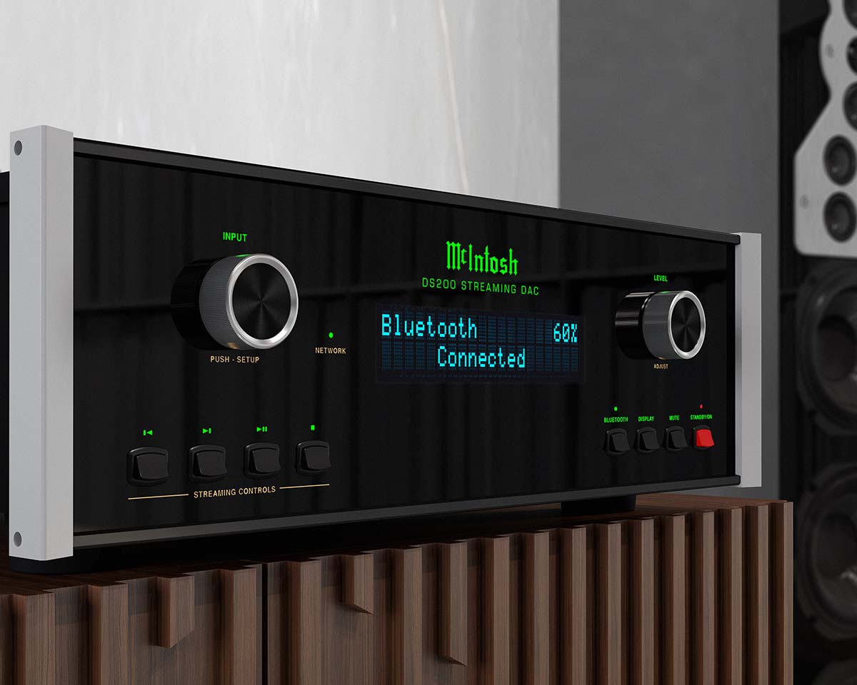 Stereo system with a sleek black and silver design on a wooden shelf. Display reads "Bluetooth Connected 60%," conveying a modern, tech-savvy vibe.