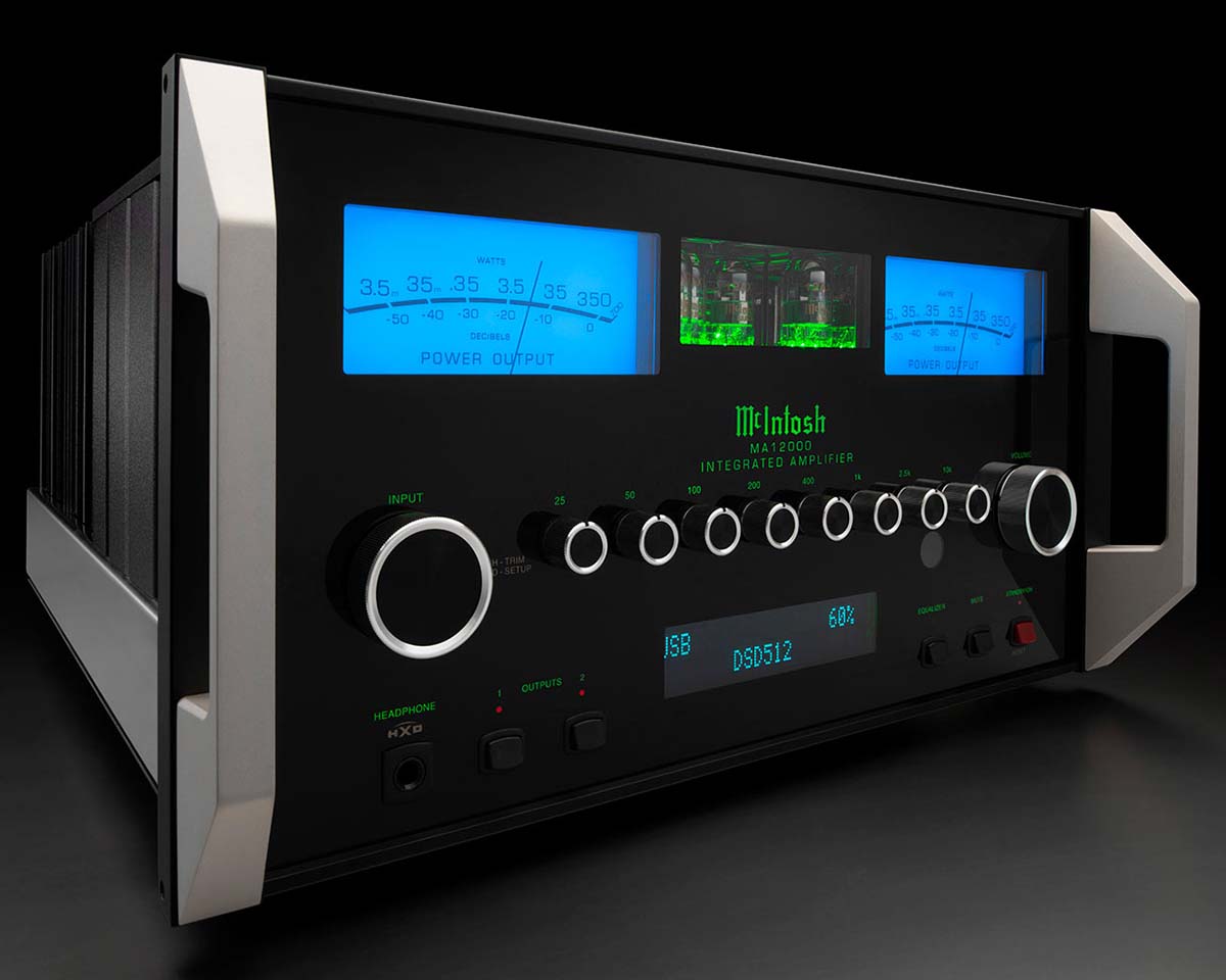 Vintage-style stereo amplifier with glowing blue meters and green-lit tubes, featuring a sleek black and silver design with multiple knobs and inputs.