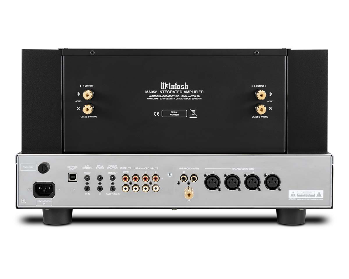 Rear view of a McIntosh MA352 integrated amplifier showcasing multiple input and output ports, including balanced, unbalanced, and speaker terminals.