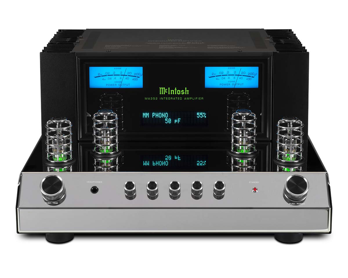 Stereo amplifier with a sleek, metallic front panel featuring multiple knobs and controls. Blue-lit display screen and glowing tubes convey a modern, high-tech feel.