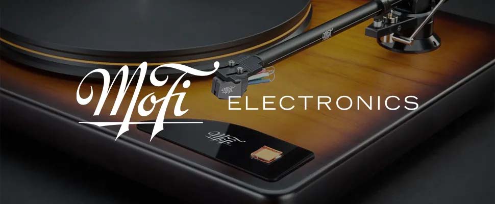 A close-up of a sleek turntable with a wooden finish. The stylus arm is poised, and "MoFi Electronics" text overlays, conveying elegance and high-quality audio.