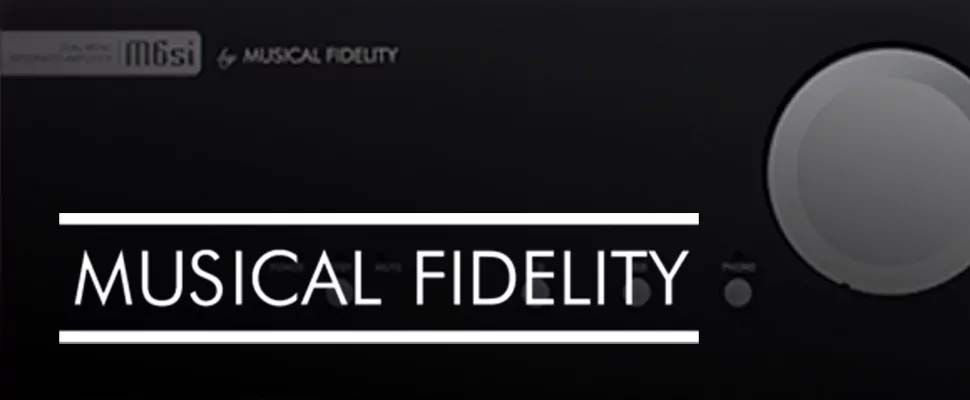 Dark background featuring the brand name "MUSICAL FIDELITY" in white text. A large silver knob is visible on the right, suggesting audio equipment.