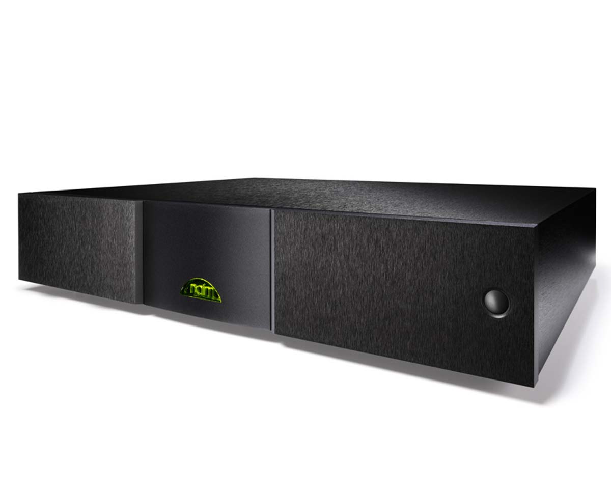 Sleek black audio amplifier with a brushed metal finish, featuring a small round button on the right and a green logo on the left, conveying elegance.