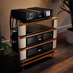Audio equipment on a sleek, modern wooden and metal rack with multiple shelves. The setting is warmly lit, with plants adding a cozy ambiance.