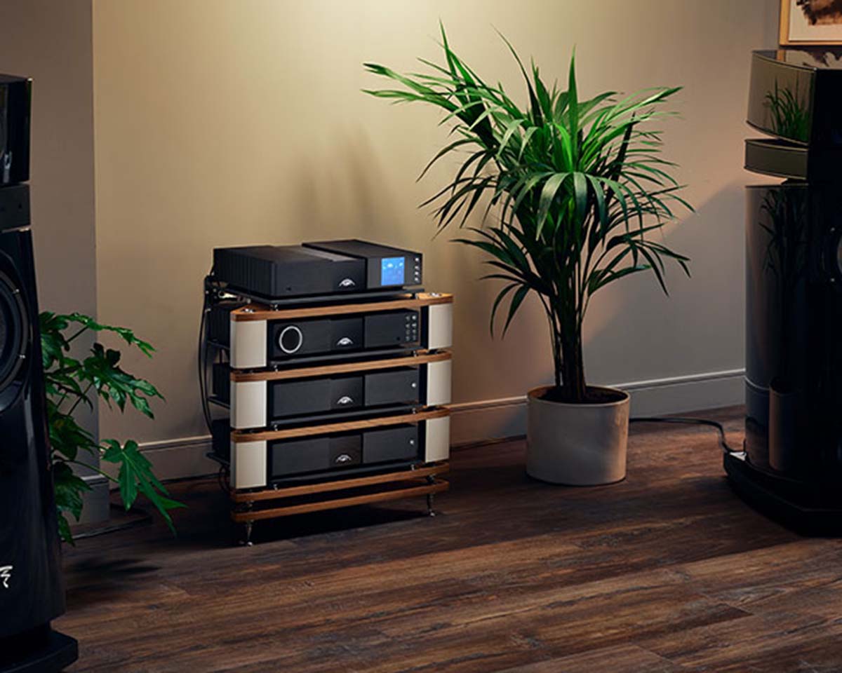 Stylish audio system on a wooden rack beside a tall potted plant, set in a cozy room with warm lighting and wooden flooring, creating a modern ambiance.