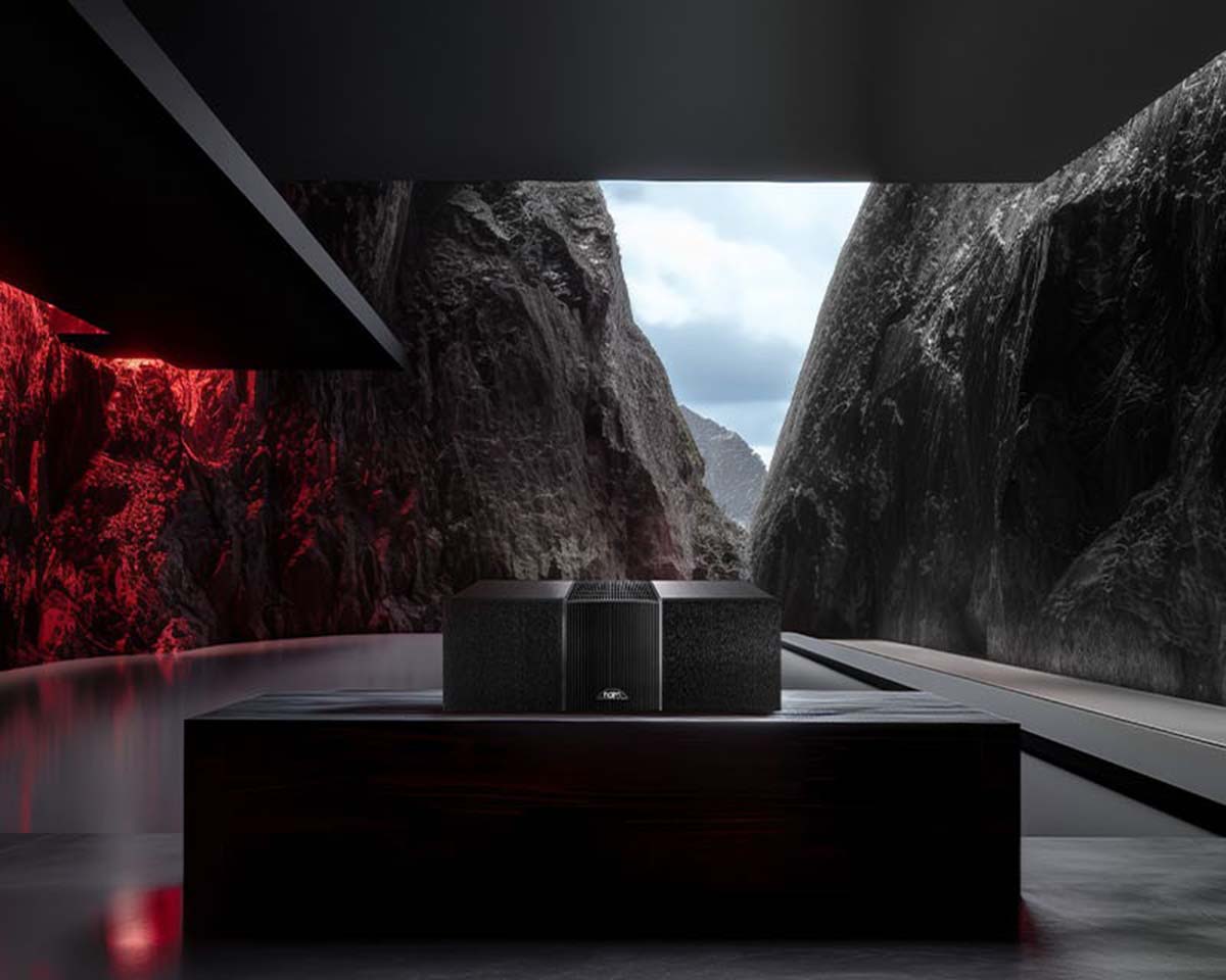 A sleek, modern room with a dark box-like structure centered on a table. Red light illuminates the left. Dramatic rocky mountains and a cloudy sky are visible through a wide window, creating a contrast of natural and futuristic elements.