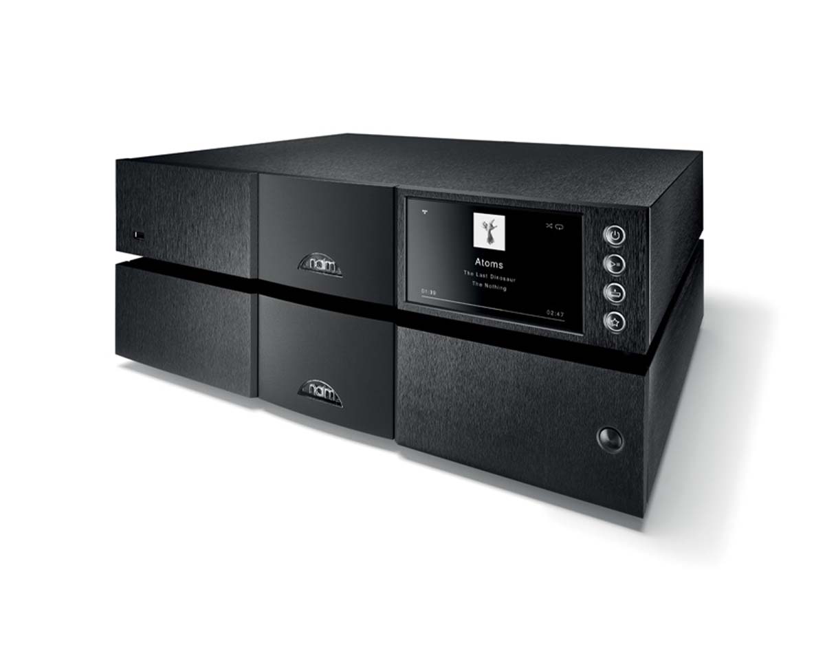 Sleek black audio equipment with a rectangular design features a digital display showing the song "Atoms" playing. Buttons on the right add a modern touch.