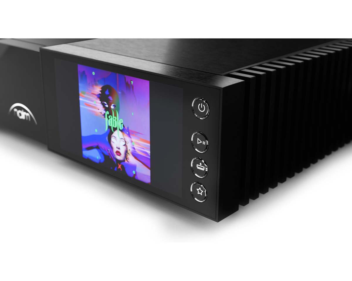 A black audio device with a colorful digital display showing abstract art. Four buttons on the side indicate power and media controls. Sleek and modern design.