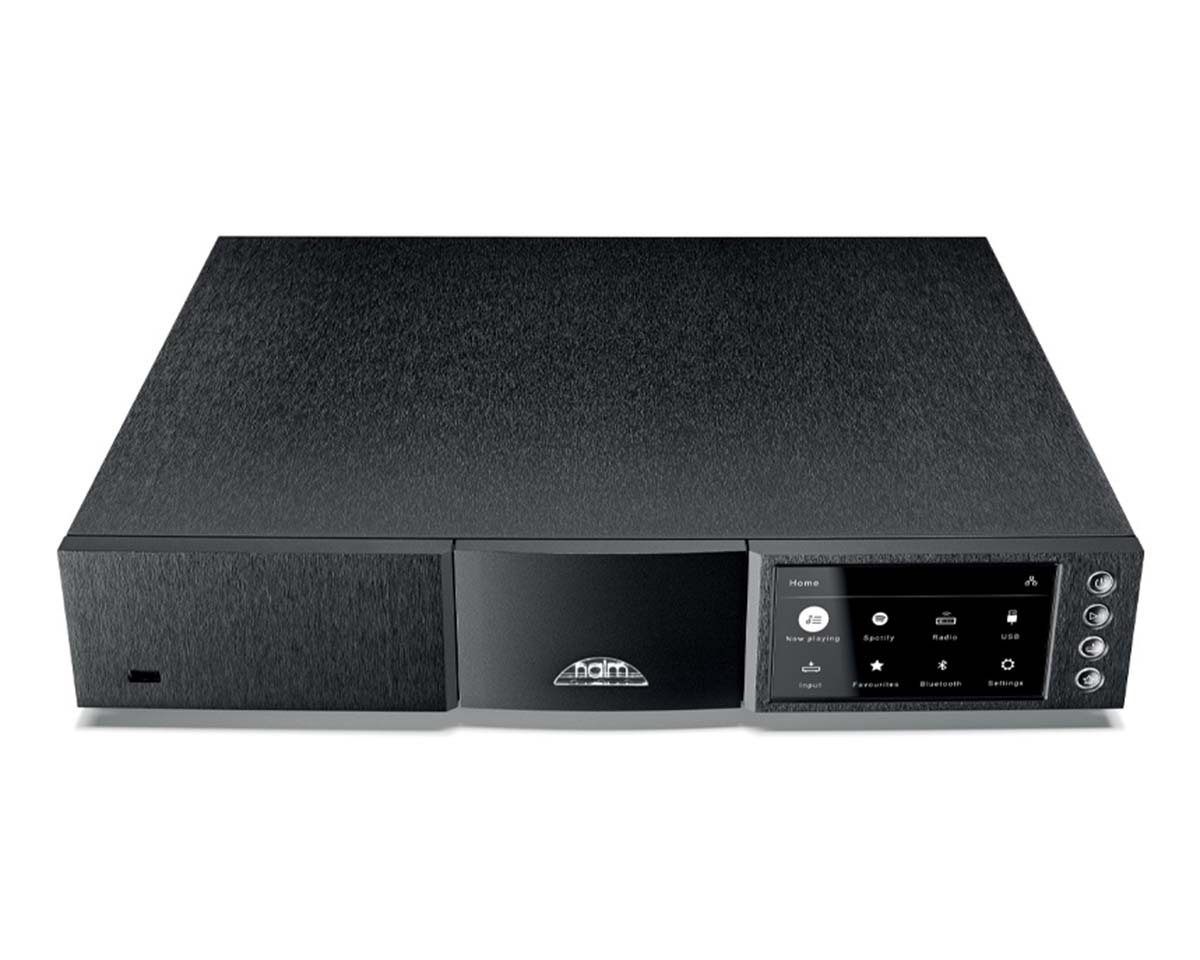 Sleek black audio streaming device with digital display on the right showing icons for music, Bluetooth, and settings; modern and sophisticated design.