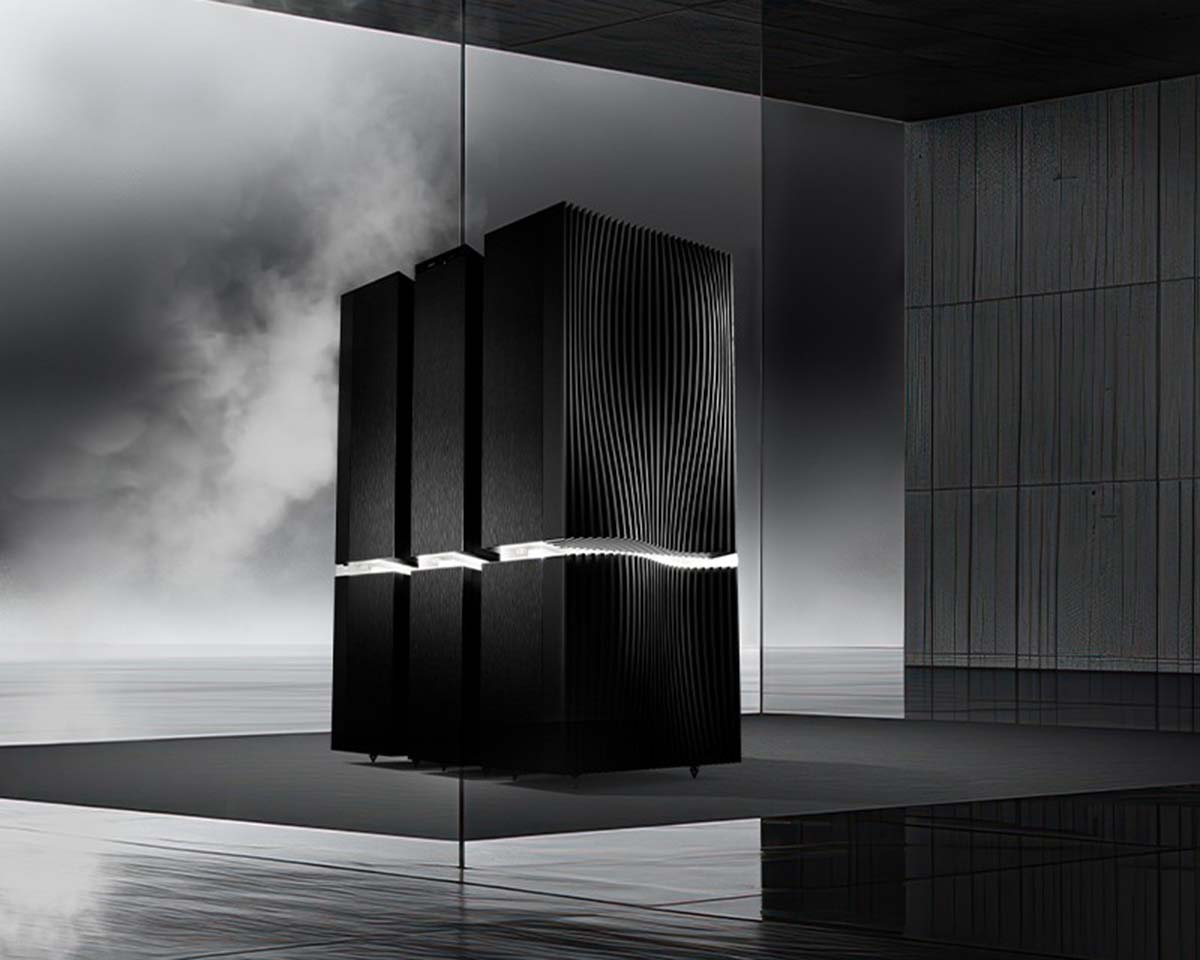 A sleek, futuristic black server with vertical grooves and glowing white accents stands in a reflective, minimalist room, exuding a high-tech, mysterious vibe.