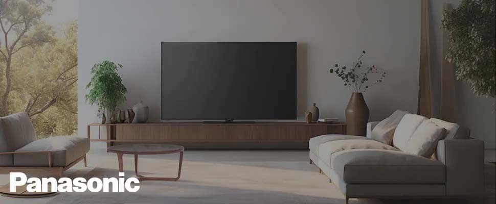Modern living room with a large flat-screen TV on a wooden stand, surrounded by beige sofas and a coffee table. Natural light and plants create a serene ambiance. Panasonic logo in the corner.