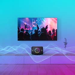 Television showing a vibrant concert scene with silhouetted crowd, set above a sleek black speaker. Surrounding sound waves create a dynamic, immersive atmosphere.