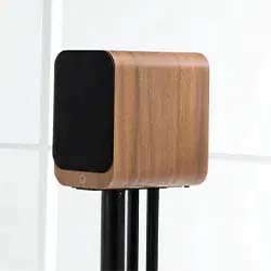 Wooden speaker with black front panel on a stand. The minimalist design and smooth finish convey a modern and sophisticated tone.