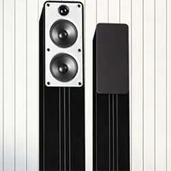 Two sleek black floor-standing speakers, one with visible dual drivers, stand against a vertical white paneled background, conveying a modern aesthetic.