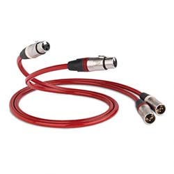 Red audio splitter cable with two XLR connectors on each end. The cable is coiled, showing silver connector tips, against a white background.