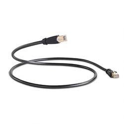 A black Ethernet cable with clear connectors at both ends is coiled in an S shape against a white background, conveying simplicity and functionality.