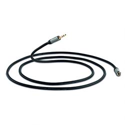 Black audio cable with a 3.5mm male connector on one end and a female connector on the other, coiled in a loose spiral on a white background.