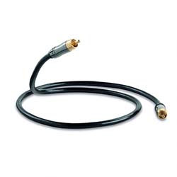 A coiled black audio cable with gold-plated RCA connectors on both ends, set against a white background, highlighting its flexibility and quality.
