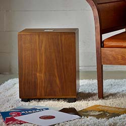 A wooden speaker on a fluffy white rug beside a brown chair. Vinyl records are scattered on the floor, creating a cozy, retro atmosphere.