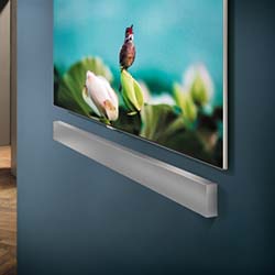 Wall-mounted TV with vibrant bird image above a sleek, silver soundbar on a blue wall. The setup conveys a modern and stylish ambiance.