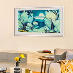 Painting of a serene landscape with stylized trees and a glowing moon hangs on a light-colored wall. A cozy room features a sofa, table, and yellow flowers.