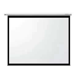 A blank white projection screen with a black border, rolled down from a white casing. The screen is empty, conveying a neutral and simple tone.