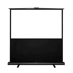 Portable projector screen with a white display area above a black border, set on dual legs. The design is minimalistic and utilitarian.